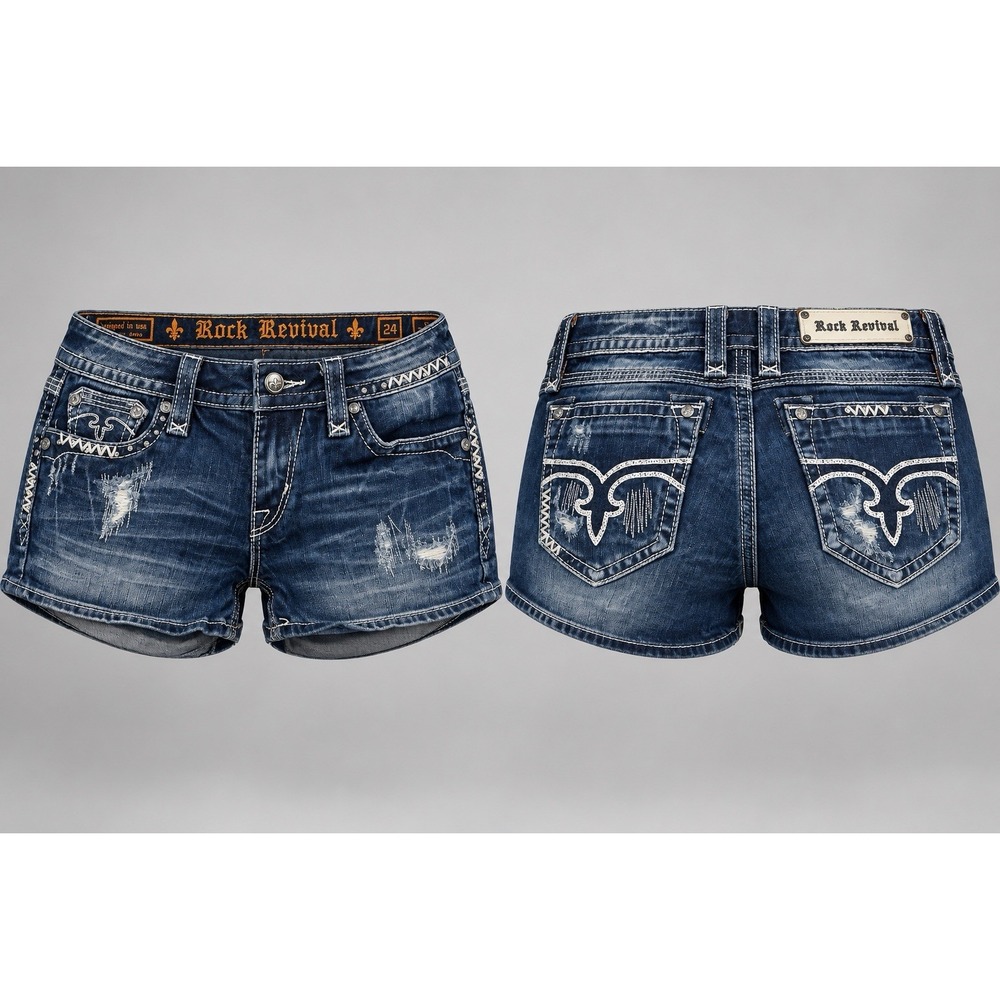 Rock Revival erin shorts womens 29 Blue Medium Wash rhinestones Embellished